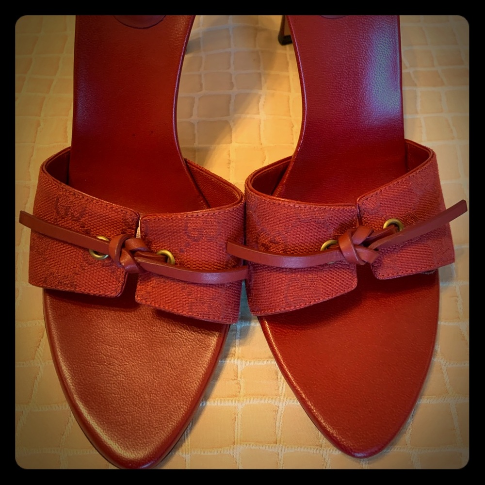 Gucci Peeptoe Mule Heel Red GG Print - 10B